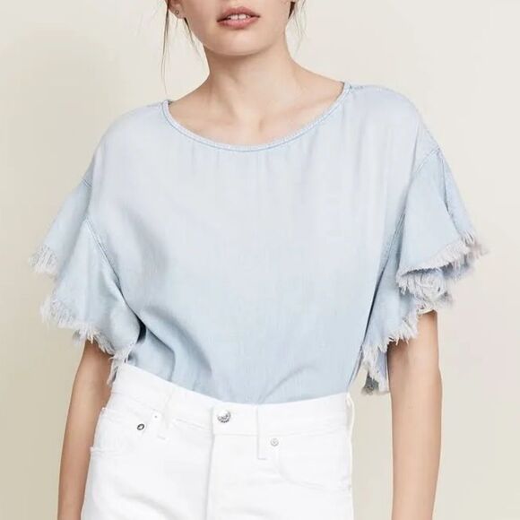 NWT AG Jeans The Shannon Top Chambray Blue Fringe Sleeve Blouse Size Small NEW - Picture 1 of 15